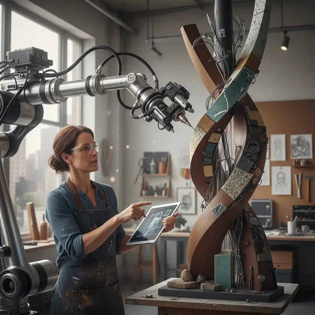 Sculptor and robotic arm collaborating on a complex sculpture in a studio