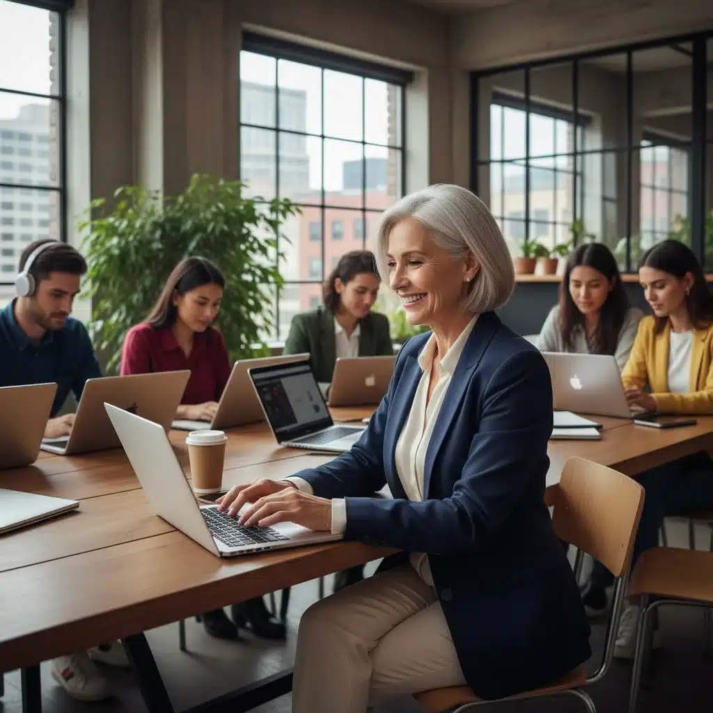 Senior woman working on a laptop in a co-working space, demonstrating continued professional engagement.