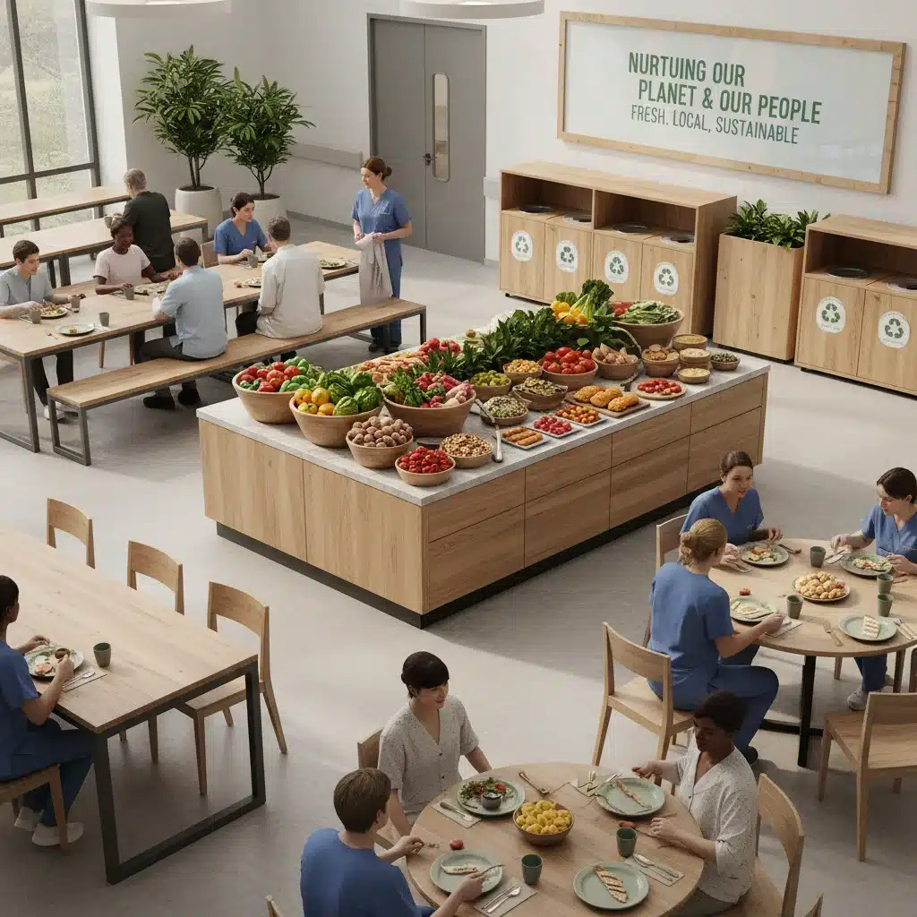 Hospital cafeteria promoting local produce, reusable dishware, and visible recycling stations for sustainable food practices.
