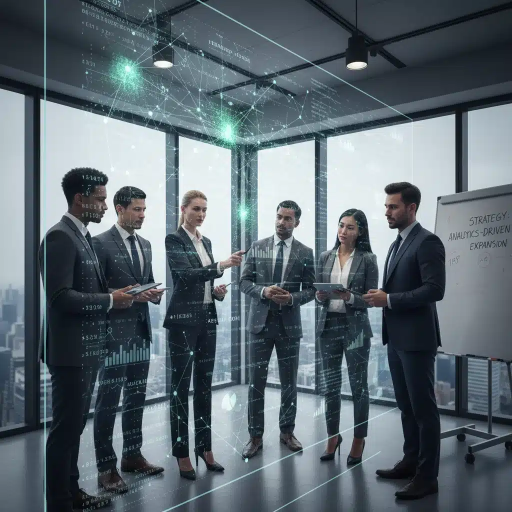Business team analyzing predictive data models for strategic decisions