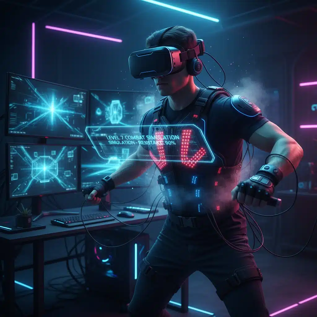 Person in VR headset with haptic vest for immersive gaming